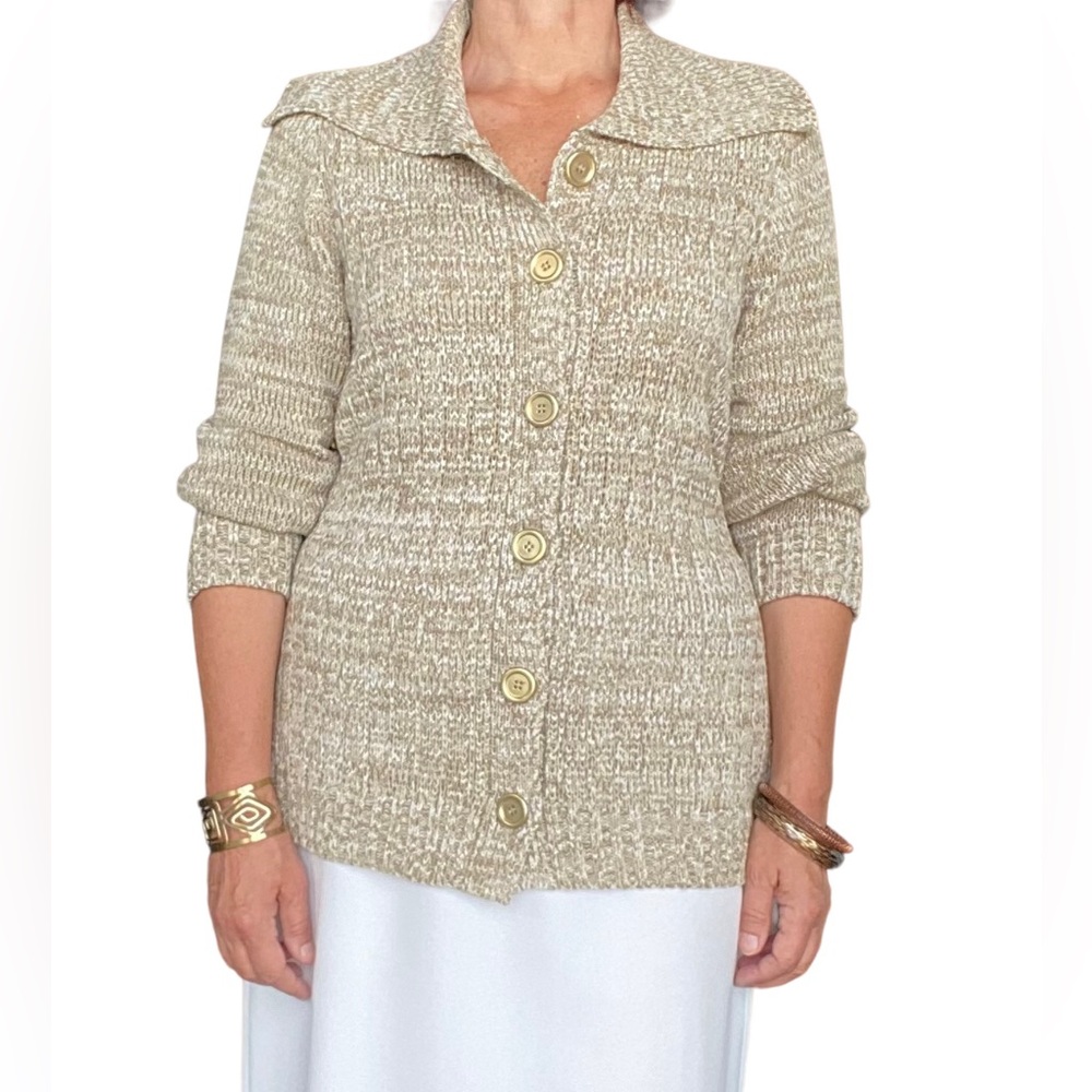 Evan-Picone cream & gold metallic ribbon yarn knit cardigan size M, EUC retro